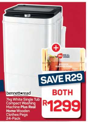 7kg White Single Tub Compact Washing Machine Plus Real Home Wooden Clothes Pegs 24-Pack