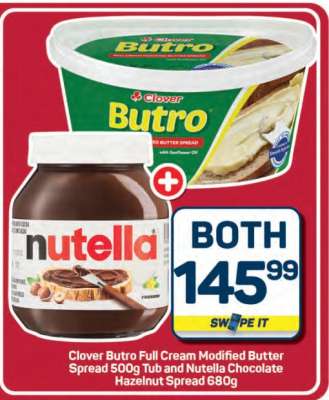 Clover Butro Full Cream Modified Butter Spread 500g and Nutella Chocolate Hazelnut Spread 680g