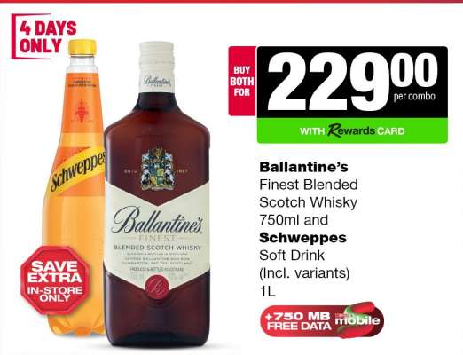 Ballantine’s Finest Blended Scotch Whisky 750ml and Schweppes Soft Drink 1L