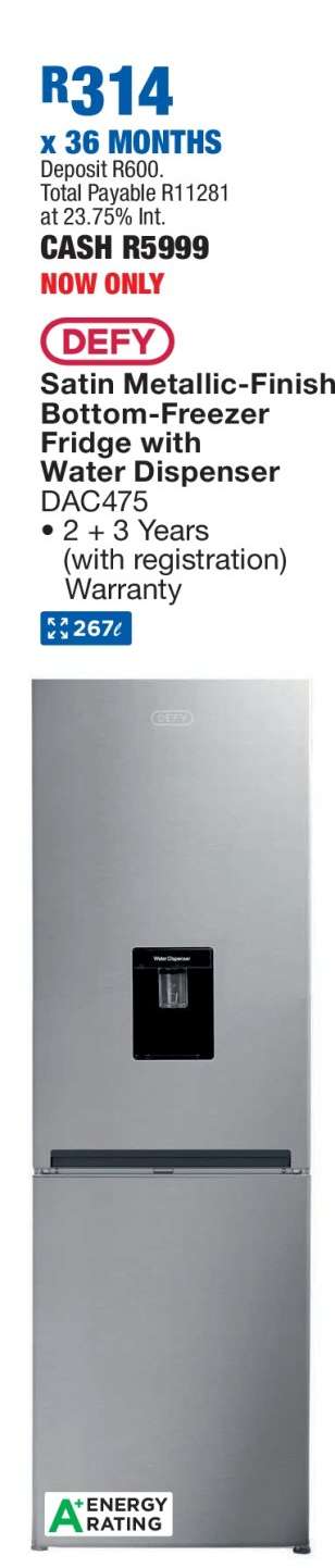 DEFY Satin Metallic-Finish Bottom-Freezer Fridge with Water Dispenser DAC475