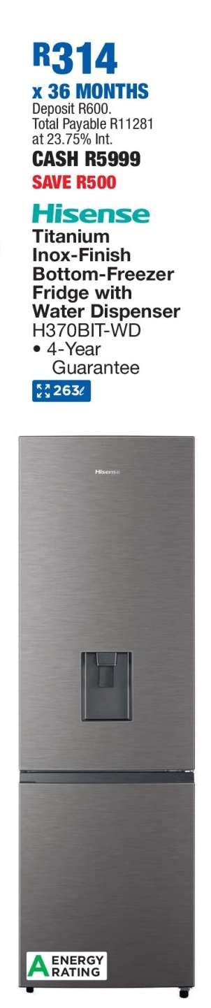 Hisense Titanium Inox-Finish Bottom-Freezer Fridge with Water Dispenser