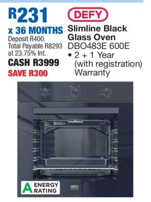 DEFY Slimline Black Glass Oven