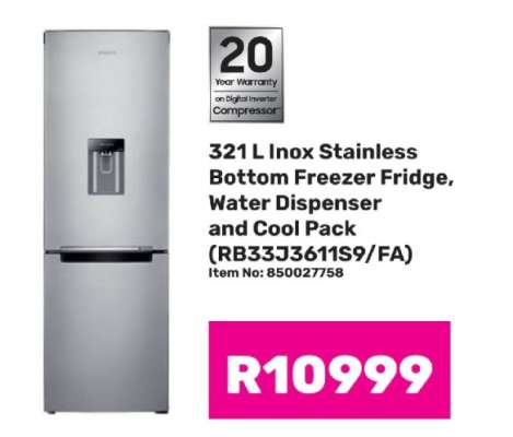 321 L Inox Stainless Bottom Freezer Fridge, Water Dispenser and Cool Pack