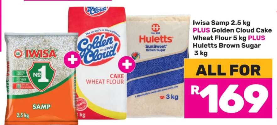 Iwisa Samp, Golden Cloud Cake Wheat Flour, Huletts Brown Sugar