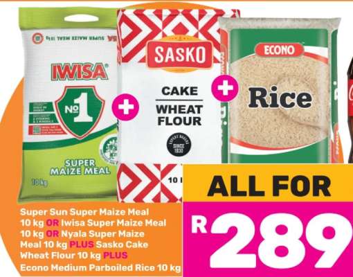 Super Sun Super Maize Meal, Sasko Cake Wheat Flour, Econo Medium Parboiled Rice