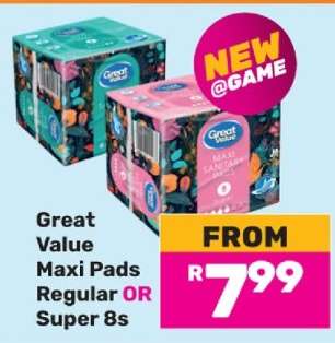 Great Value Maxi Pads Regular OR Super 8s