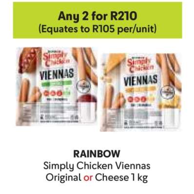 RAINBOW Simply Chicken Viennas Original or Cheese 1 kg