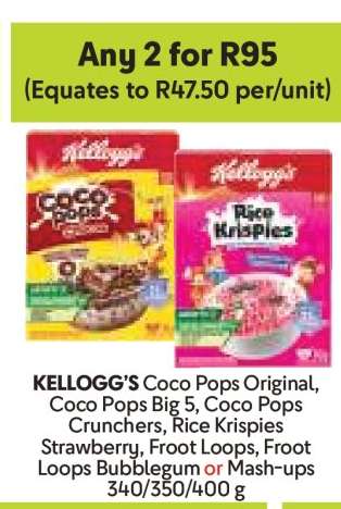 KELLOGG’S Coco Pops Original, Coco Pops Big 5, Coco Pops Crunchers, Rice Krispies Strawberry, Froot Loops, Froot Loops Bubblegum or Mash-ups