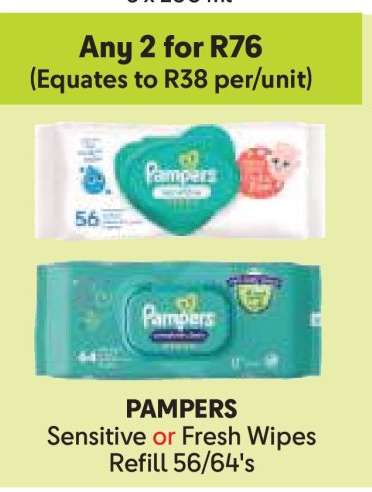 PAMPERS Sensitive or Fresh Wipes Refill 56/64's