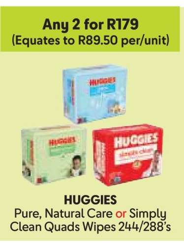 HUGGIES Pure, Natural Care or Simply Clean Quads Wipes 244/288's