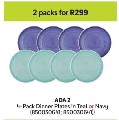 ADA 2 4-Pack Dinner Plates in Teal or Navy