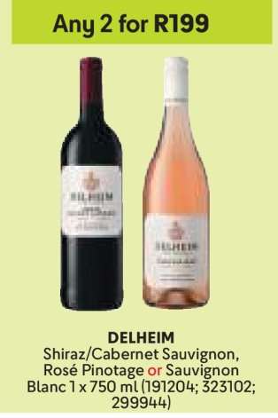 DELHEIM Shiraz/Cabernet Sauvignon, Rosé Pinotage or Sauvignon Blanc