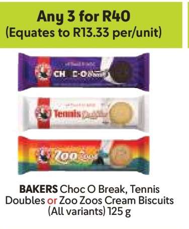 BAKERS Choc O Break, Tennis Doubles or Zoo Zoos Cream Biscuits