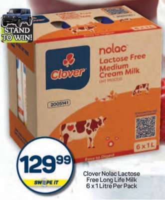 Clover Nolac Lactose Free Long Life Milk 6 x 1 Litre Per Pack