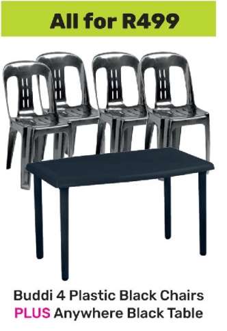 Buddi 4 Plastic Black Chairs PLUS Anywhere Black Table