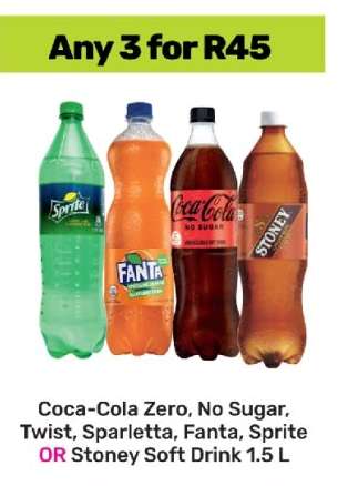 Coca-Cola Zero, No Sugar, Twist, Sparletta, Fanta, Sprite OR Stoney Soft Drink 1.5 L