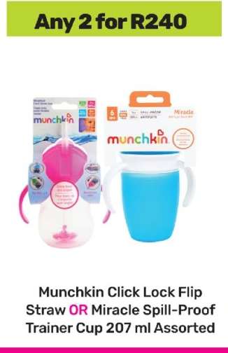Munchkin Click Lock Flip Straw OR Miracle Spill-Proof Trainer Cup 207 ml Assorted