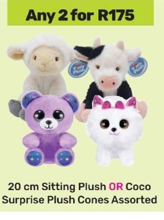 20 cm Sitting Plush OR Coco Surprise Plush Cones Assorted