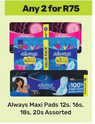 Always Maxi Pads 12s, 16s, 18s, 20s Assorted