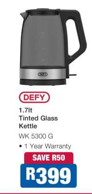 DEFY 1.7lt Tinted Glass Kettle