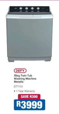 Defy 15Kg Twin Tub Washing Machine Metallic