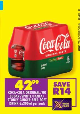 COCA-COLA ORIGINAL/NO SUGAR/SPRITE/FANTA/STONEY GINGER BEER SOFT DRINK 6x300ml per pack