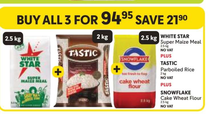 WHITE STAR Super Maize Meal, TASTIC Parboiled Rice, SNOWFLAKE Cake Wheat Flour