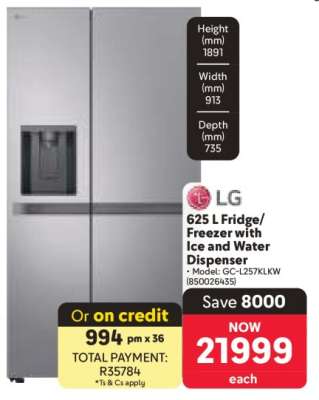 LG 625 L Fridge/Freezer with Ice and Water Dispenser