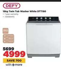 DEFY 18kg Twin Tub Washer White DTT180