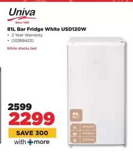 Univa 81L Bar Fridge White USD120W