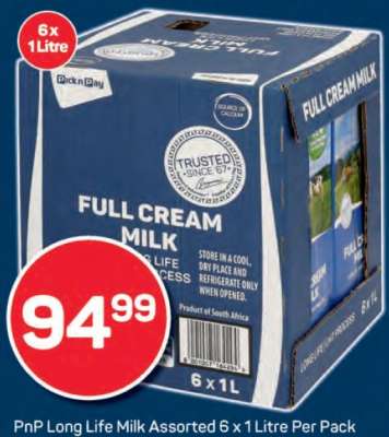 PnP Long Life Milk Assorted 6 x 1 Litre Per Pack