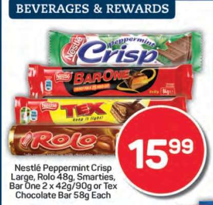 Nestlé Peppermint Crisp Large, Rolo 48g, Smarties, Bar One 2 x 42g/90g or Tex Chocolate Bar 58g Each
