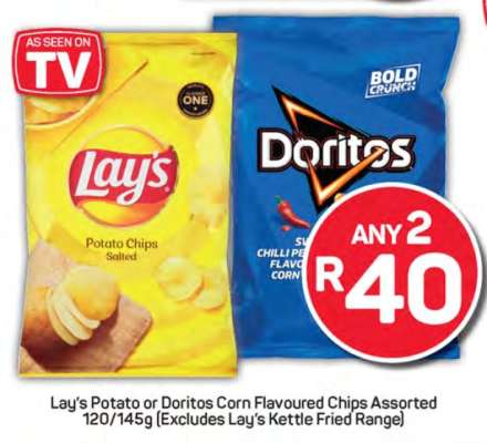 Lay's Potato or Doritos Corn Flavoured Chips Assorted 120/145g