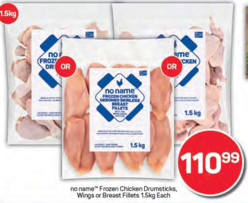 no name™ Frozen Chicken Drumsticks, Wings or Breast Fillets 1.5kg Each