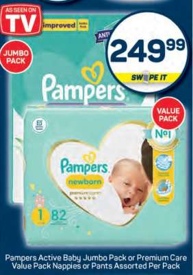 Pampers Active Baby Jumbo Pack or Premium Care Value Pack Nappies or Pants Assorted Per Pack