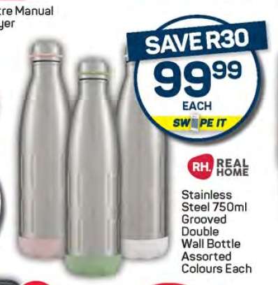 Stainless Steel 750ml Grooved Double Wall Bottle Assorted Colours Each