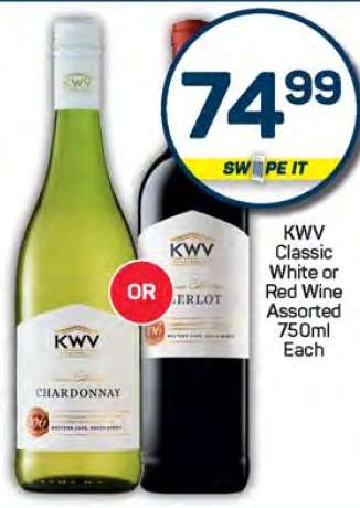 KWV Classic White or Red Wine Assorted 750ml Each