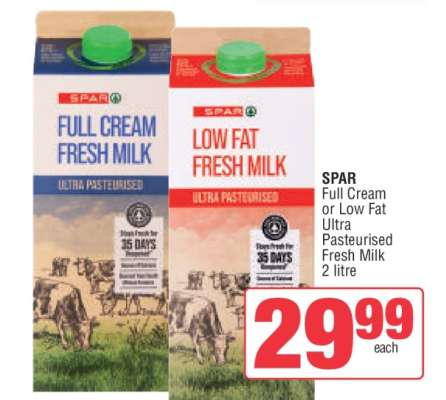 SPAR Full Cream or Low Fat Ultra Pasteurised Fresh Milk