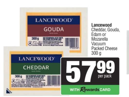 Lancewood Cheddar, Gouda, Edam or Mozarella Vacuum Packed Cheese