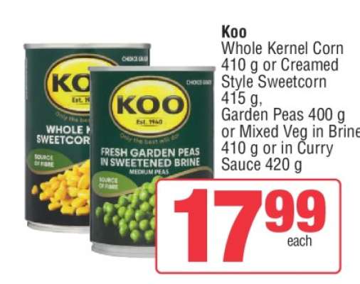 Koo Whole Kernel Corn or Creamed Style Sweetcorn, Garden Peas, Mixed Veg in Brine or in Curry Sauce