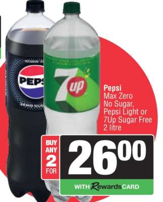 Pepsi Max Zero No Sugar, Pepsi Light or 7Up Sugar Free