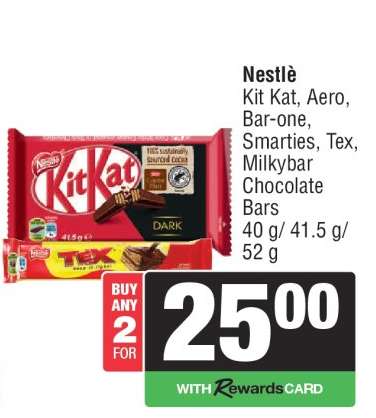 Nestlé Kit Kat, Aero, Bar-one, Smarties, Tex, Milkybar Chocolate Bars