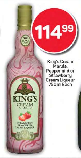 King’s Cream Marula, Peppermint or Strawberry Cream Liqueur 750ml Each
