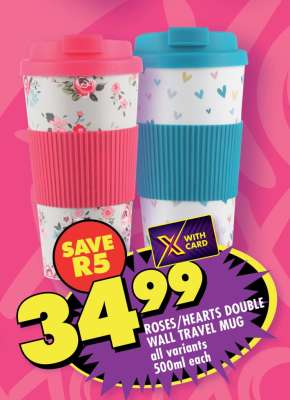 ROSES/HEARTS DOUBLE WALL TRAVEL MUG