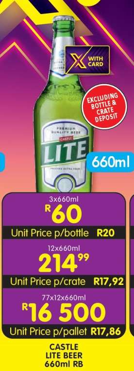 CASTLE LITE BEER 660ml RB