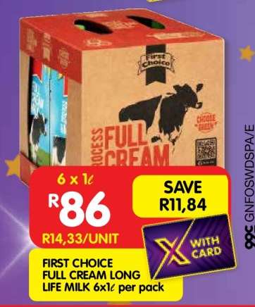 FIRST CHOICE FULL CREAM LONG LIFE MILK 6x1ℓ per pack