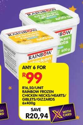 RAINBOW FROZEN CHICKEN NECKS/HEARTS/GIBLETS/GIZZARDS 6x400g