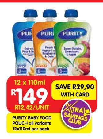 PURITY BABY FOOD POUCH all variants 12x110ml per pack