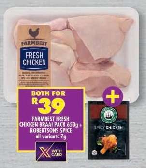 FARMBEST FRESH CHICKEN BRAAI PACK 650g + ROBERTSONS SPICE