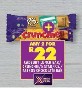 Cadbury Lunch Bar / Crunchie / 5 Star / P.S. / Astros Chocolate Bar